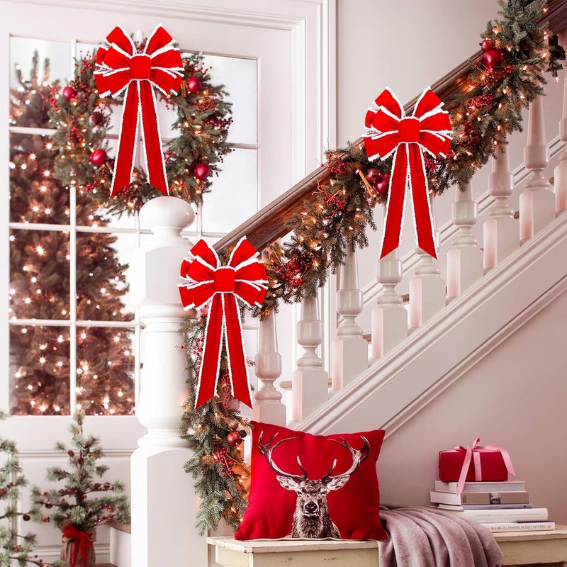 Anyfire Large Red Christmas Bow: 10'' x 21'' Large Christmas Tree Topper Bow Red Velvet Bow with White Edge for Wreath Garland Stair Fireplace Home Indoor Outdoor Xmas Decoration (1 Packs) - Image 5